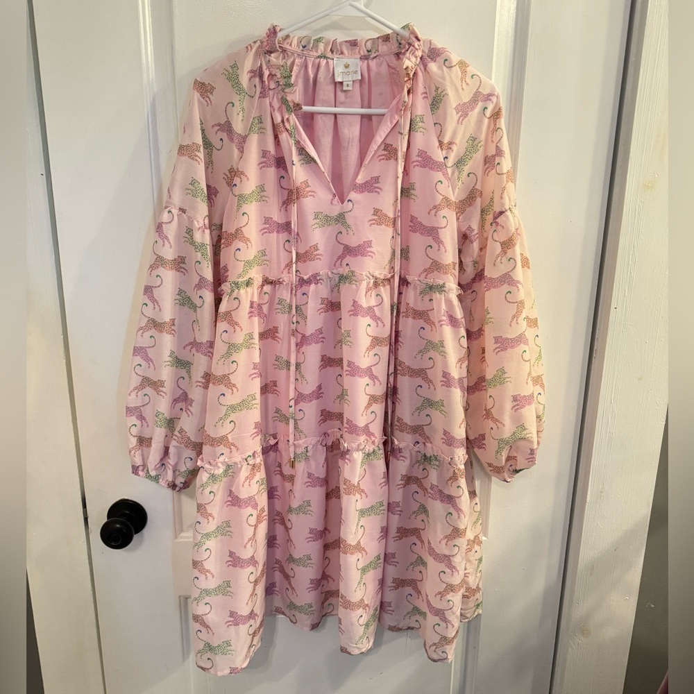 J. Marie Alara Puff Sleeve Dress Light Pink Green Leopard Small